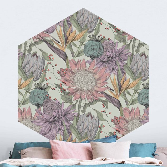 Contemporary wallpaper Floral Elegance In Pastel On Mint Backdrop XXL