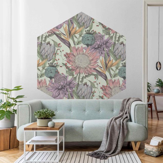 Wallpapers patterns Floral Elegance In Pastel On Mint Backdrop XXL