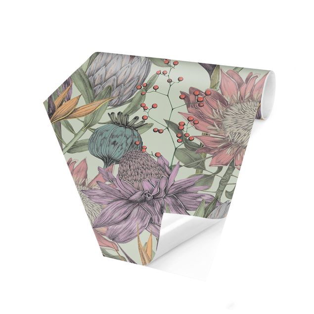 Peel and stick wallpaper Floral Elegance In Pastel On Mint Backdrop XXL