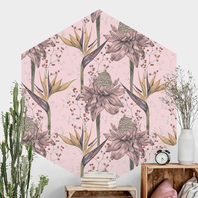 Kitchen Floral Elegance Vintage Strelitzia On Pink Backdrop XXL