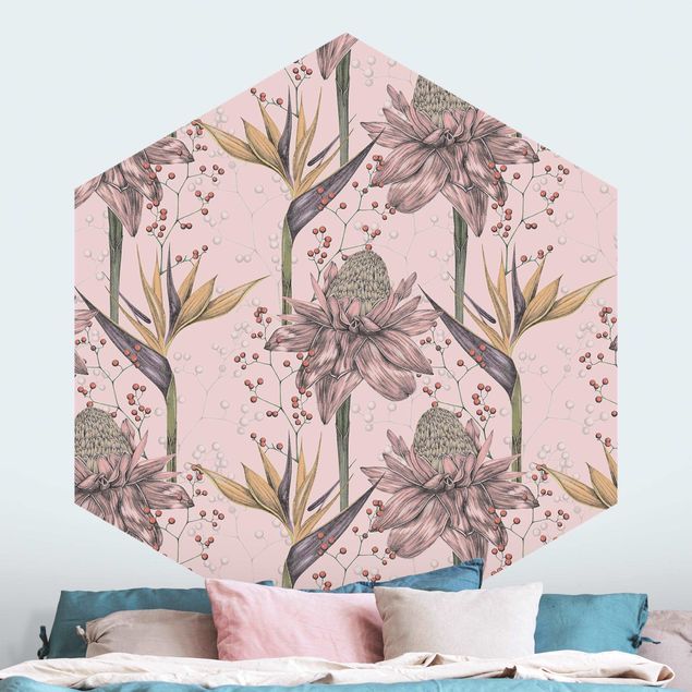Vintage aesthetic wallpaper Floral Elegance Vintage Strelitzia On Pink Backdrop XXL