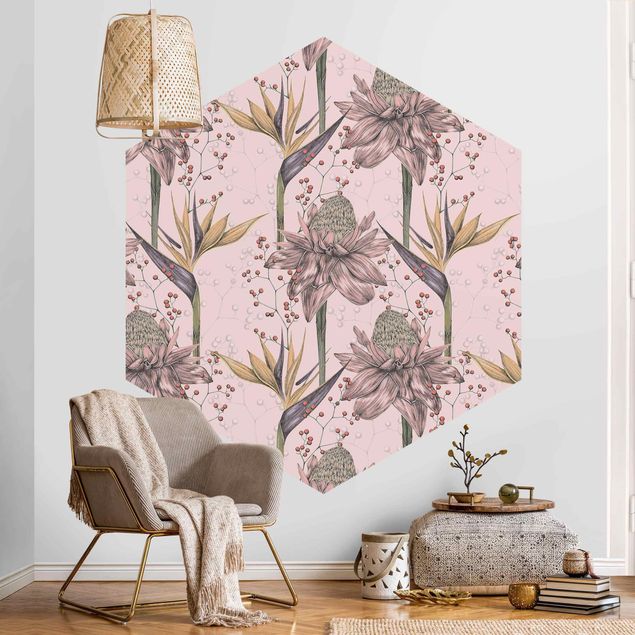 Contemporary wallpaper Floral Elegance Vintage Strelitzia On Pink Backdrop XXL