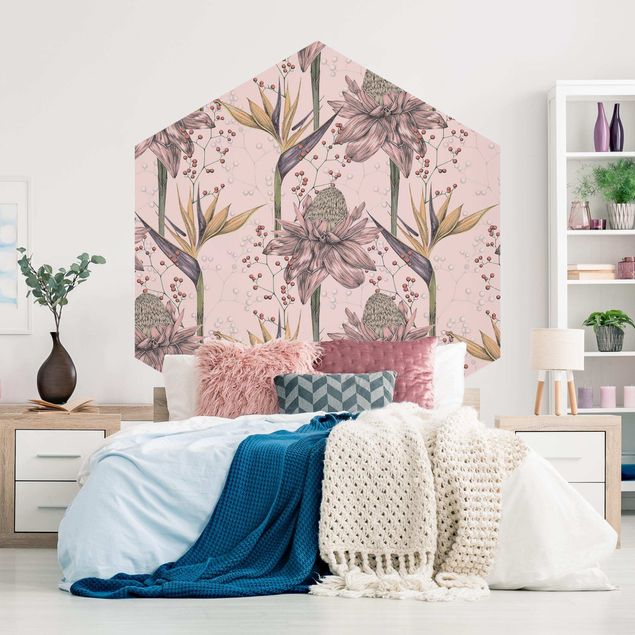 Wallpapers patterns Floral Elegance Vintage Strelitzia On Pink Backdrop XXL