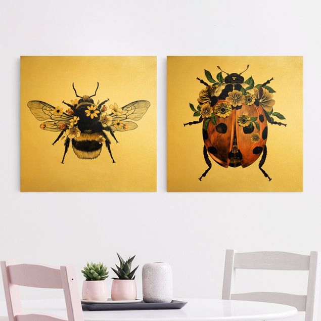 Prints animals Floral Illustration - Bumblebee And Ladybug