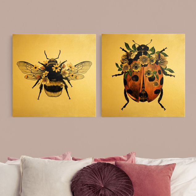 Wall art yellow Floral Illustration - Bumblebee And Ladybug