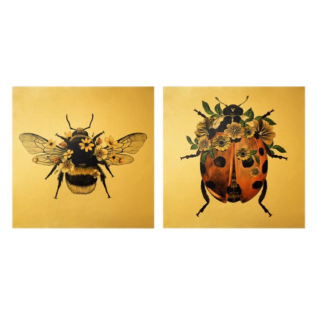 Prints Floral Illustration - Bumblebee And Ladybug