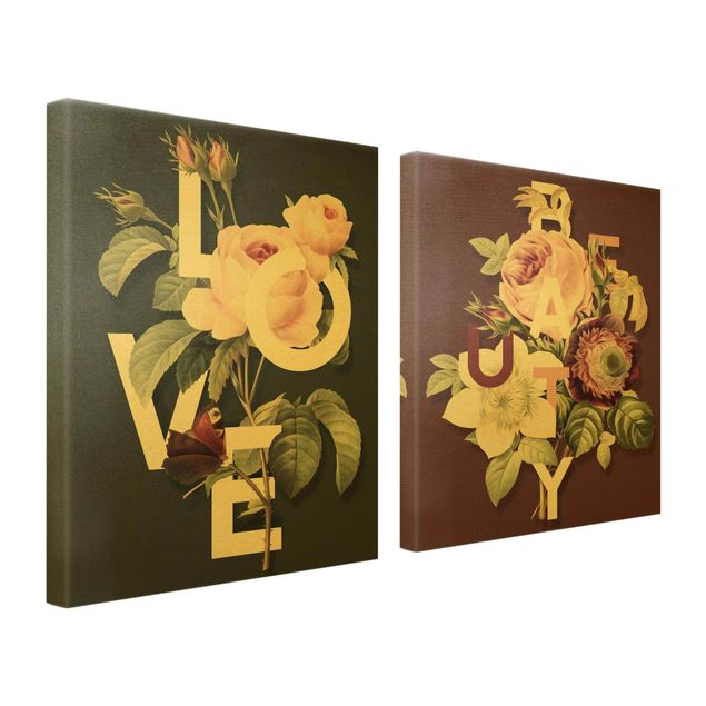 Green canvas wall art Floral Typography - Love & Beauty