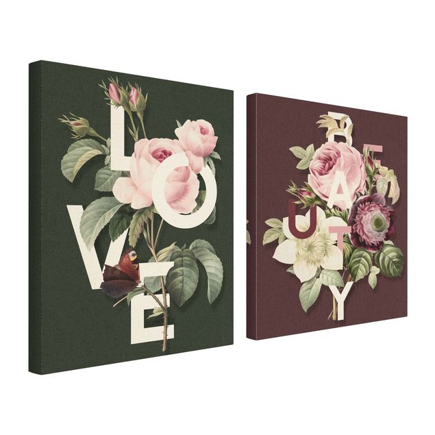 Green canvas wall art Floral Typography - Love & Beauty