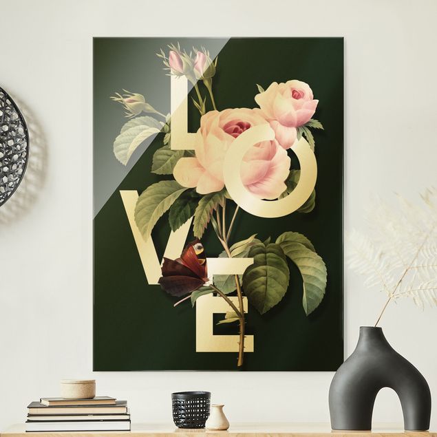 Glass prints rose Florale Typography - Love