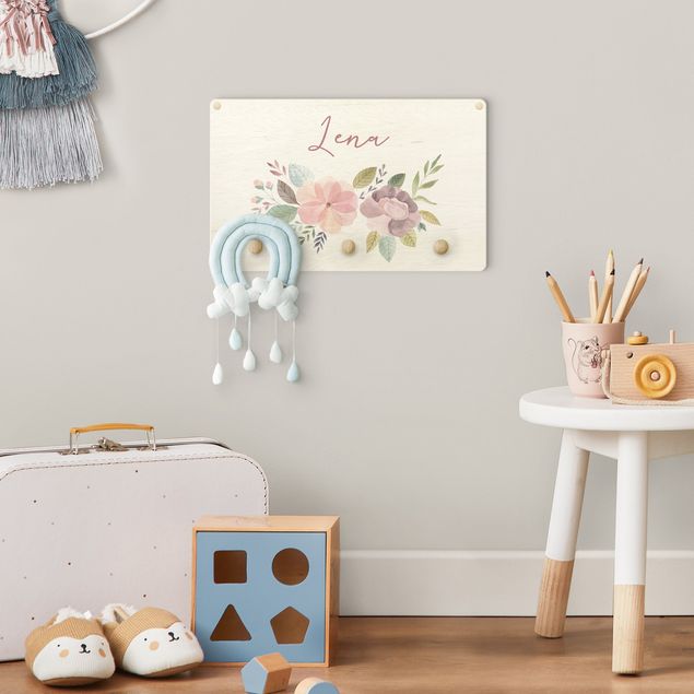 Wall mounted coat rack flower Floral Watercolour Bouquet With Customised Name