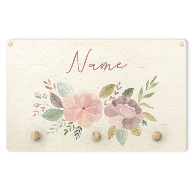 Wall mounted coat rack Floral Watercolour Bouquet With Customised Name