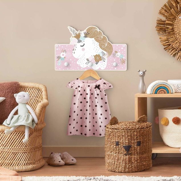 Wall mounted coat rack animals Floral Unicorn Pink