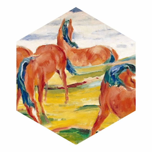 Hexagonal wall mural Franz Marc - Grazing Horses