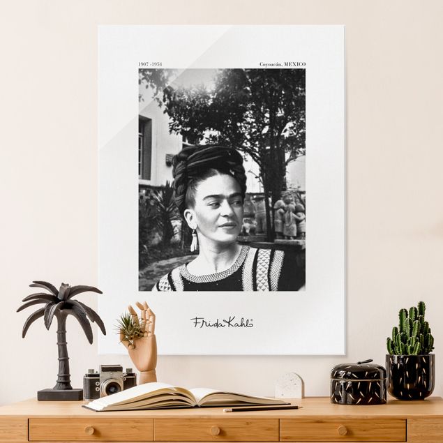 Glass prints black and white Frida Kahlo Photograph Portrait In The Garden