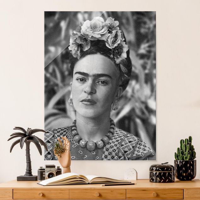 Glass prints black and white Frida Kahlo Photograph Portrait With Flower Crown