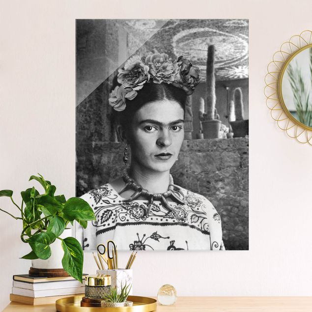 Glass prints black and white Frida Kahlo Photograph Portrait With Cacti