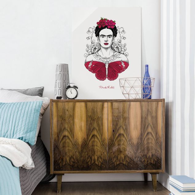 Glass prints pieces Frida Kahlo Portrait With Flowers And Butterflies