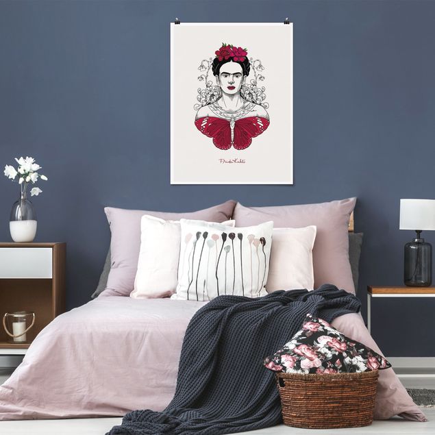 Posters art print Frida Kahlo Portrait With Flowers And Butterflies