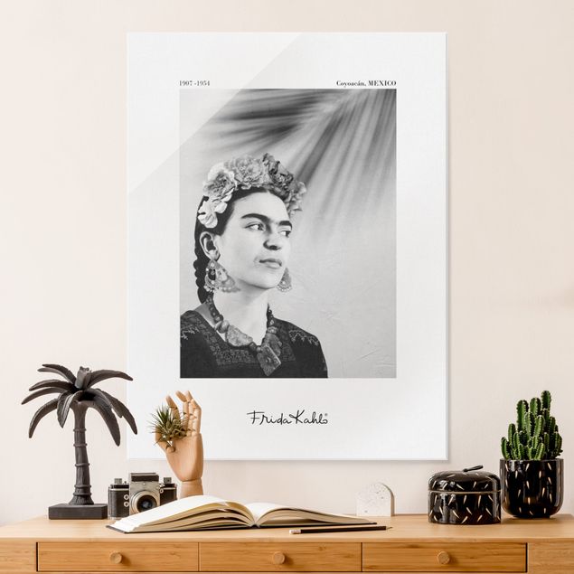 Glass prints black and white Frida Kahlo Portrait With Jewellery