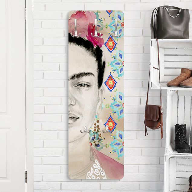 Wall mounted coat rack multicoloured Frida With Pink Flowers I