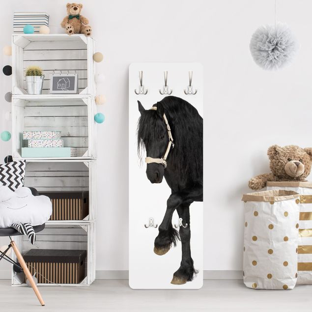 Wall mounted coat rack black and white Friesian Mare