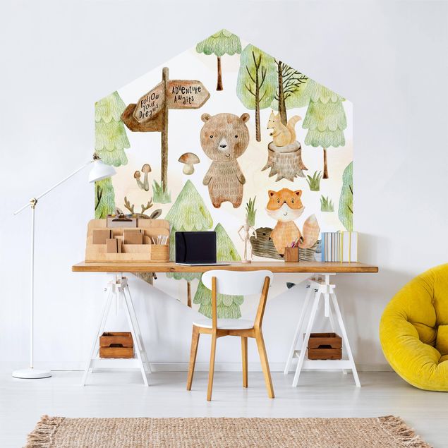 Modern wallpaper designs Fox And Bear With Trees