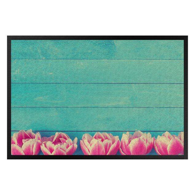 Floral front door mats Light Pink Tulip On Turquoise