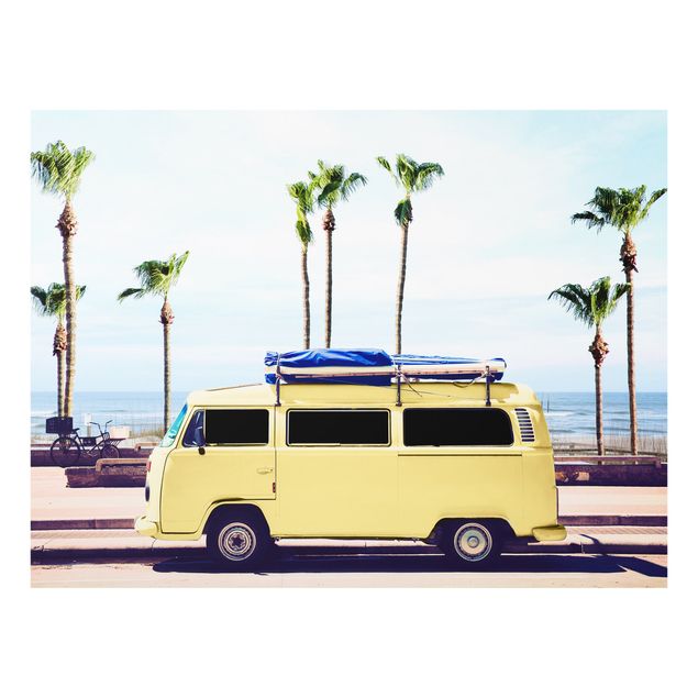 Glass prints beach Yellow Surfer VW Bus