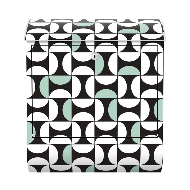 Black metal letterbox Geometrical Tile Arches Mint Green With Border