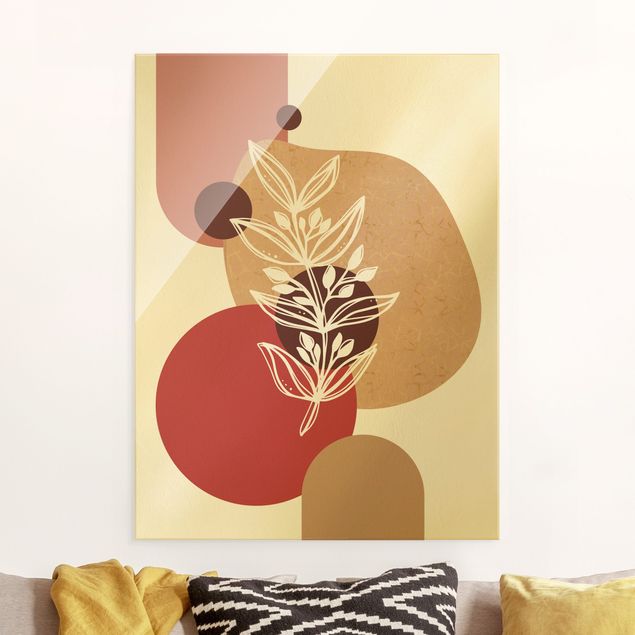 Glass prints flower Geometrical Shapes - Leaves Pink Gold