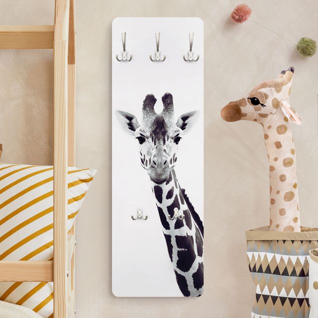 Wall mounted coat rack black and white Giraffe Portrait In Black And White