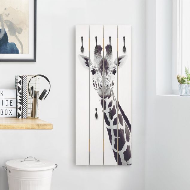 Wall mounted coat rack wood Giraffe Portrait In Black And White