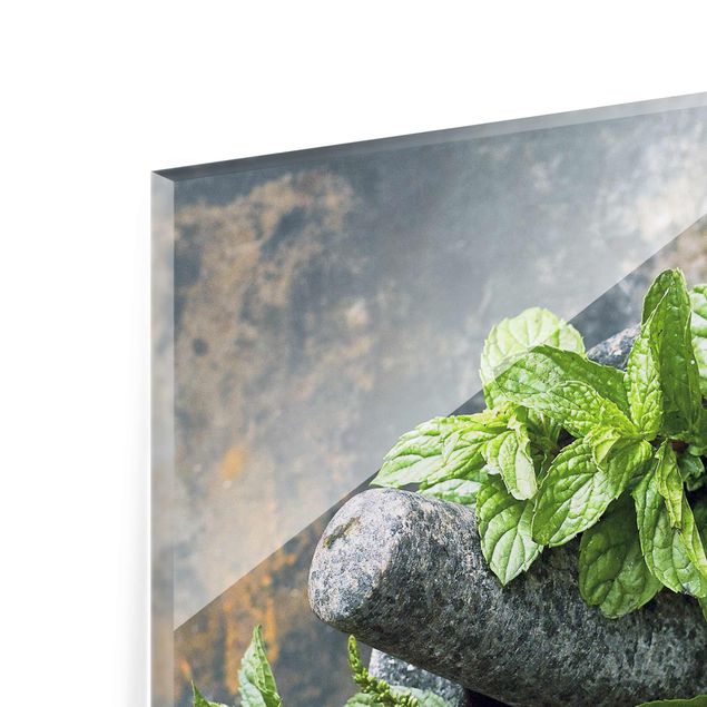 Glas Magnetboard Basil Mint Parsley In A Mortar