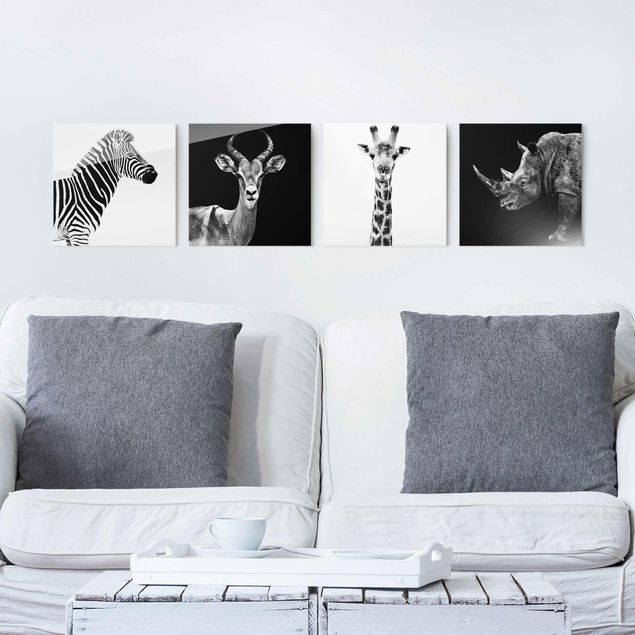 Glass prints black and white Safari Quartet