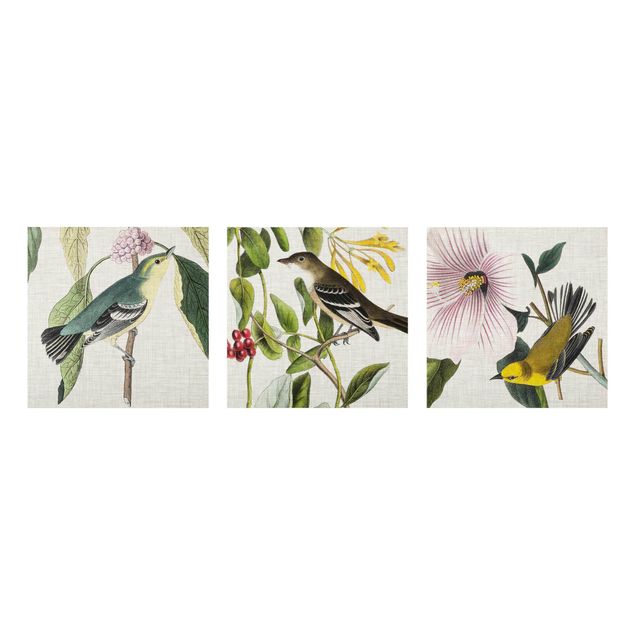 Floral prints Birds On Linen Set I
