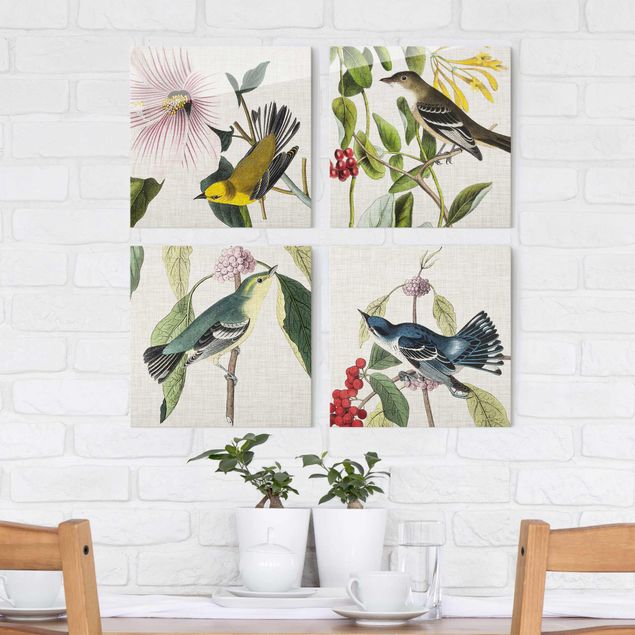 Glass prints flower Birds On Linen Set II