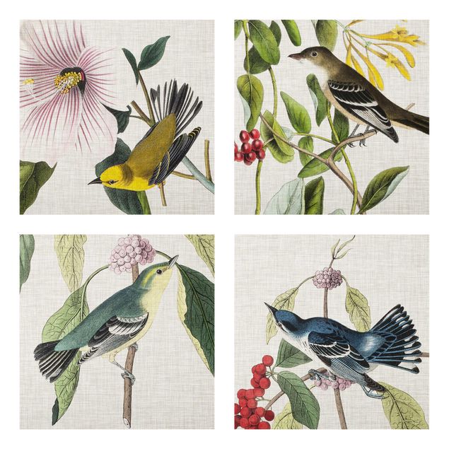 Prints flower Birds On Linen Set II