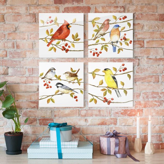 Glass prints pieces Birds And Berries Set II