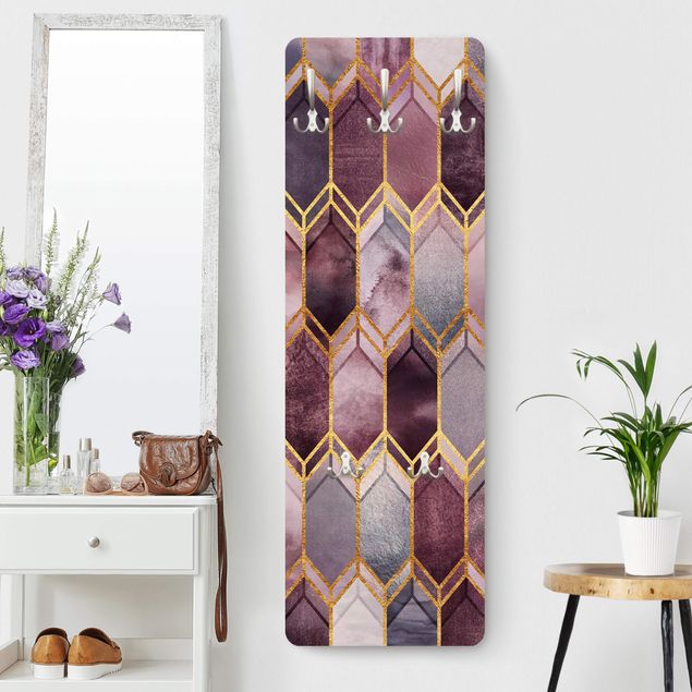 Wall mounted coat rack patterns Stained Glass Geometric Rose Gold