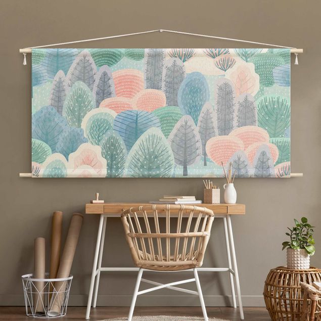 modern tapestry wall hanging Happy Forest In Pastel