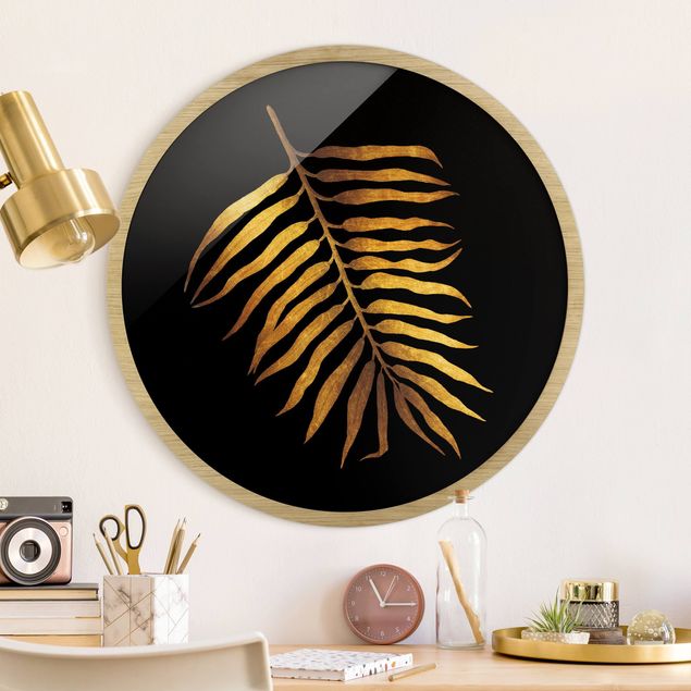 Flower print Gold - Palm Leaf II On Black