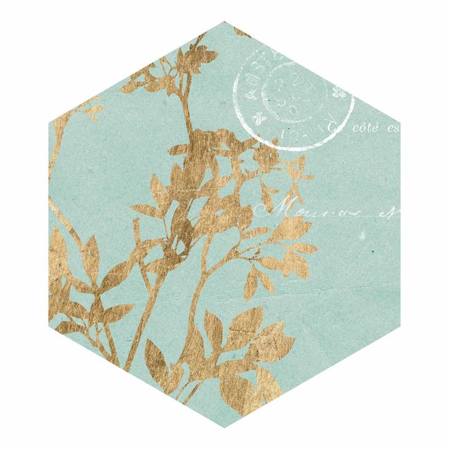 Peel and stick wallpaper Golden Leaves On Turquoise I