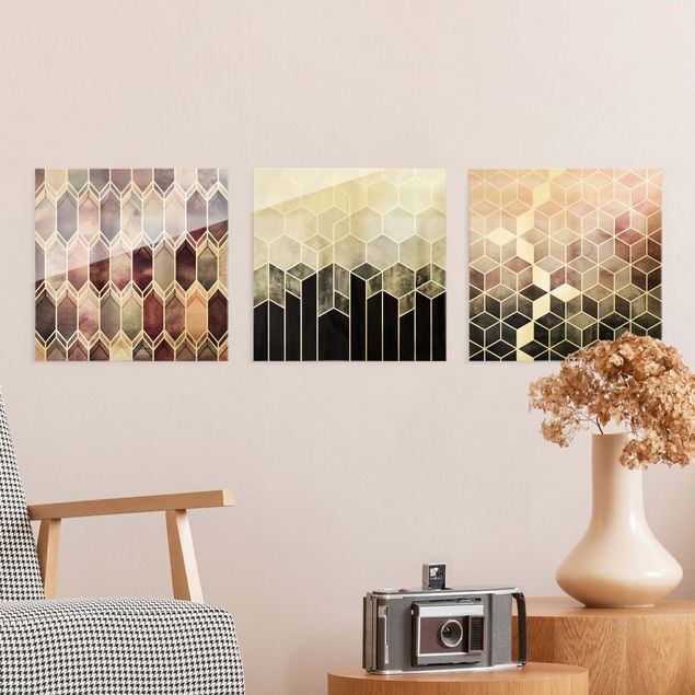 Abstract canvas wall art Golden Geometry - Light Pink & Grey