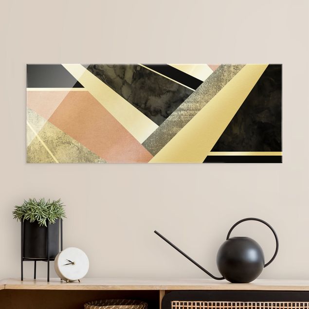 Abstract canvas wall art Golden Geometry - Pink Black