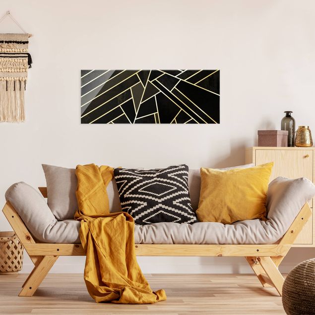 Abstract canvas wall art Golden Geometry - Black Triangles