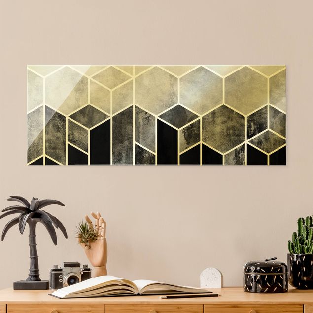 Glass prints black and white Golden Geometry - Hexagons Black White