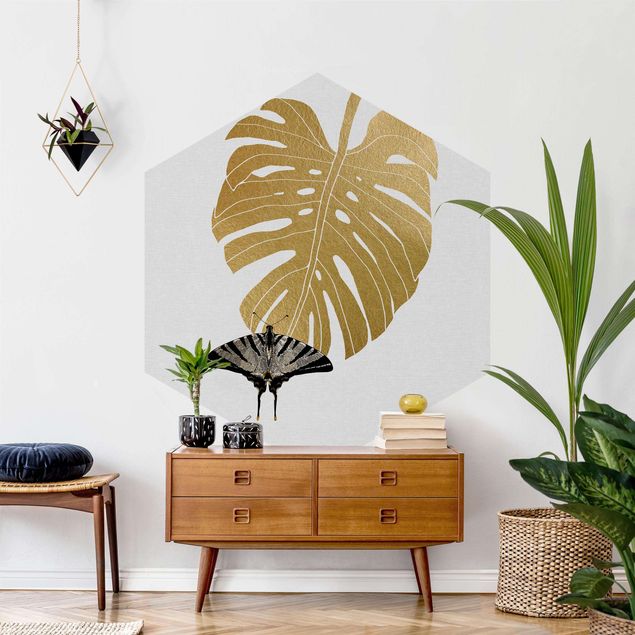 Floral wallpaper Golden Monstera With Butterfly