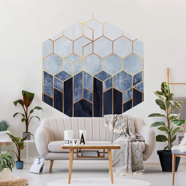Wallpapers modern Golden Hexagons Blue White
