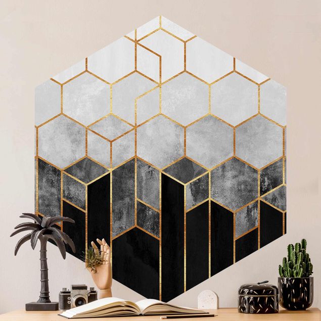 Geometric shapes wallpaper Golden Hexagons Black And White