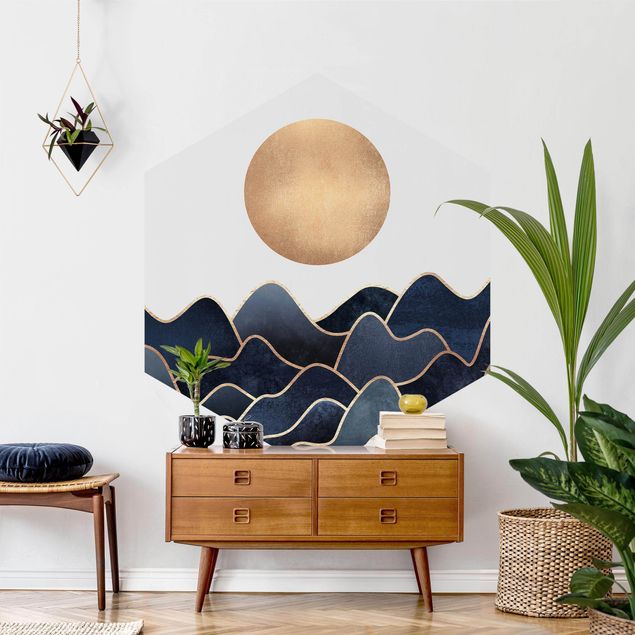 Modern wallpaper designs Golden Sun Blue Waves